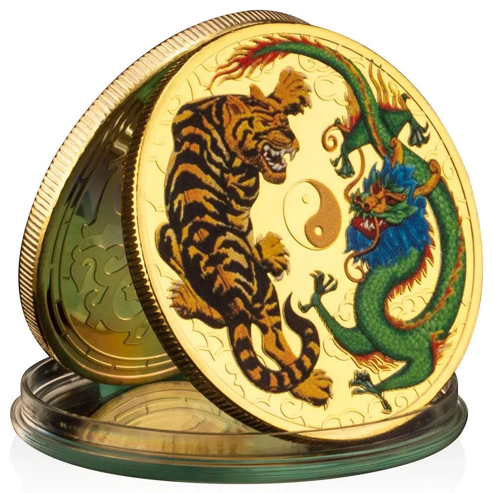 Tai Chi koin peringatan berlapis emas, koleksi naga dan harimau cetakan warna koin