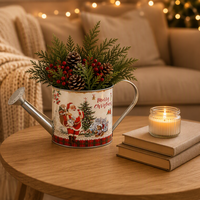 Kantong Santa Natal Nostalgia Motif Beruang Teddy dan Kotak-kotak Tartan, Pot Bunga Logam, Dekorasi Meja Tahan Lama untuk Rumah dan Taman