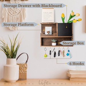 Wooden <b>Wall</b>-Mounted Storage <b>Rack</b> With Blackboard <b>Key</b> Holder Entryway Organizer Rectangle Multipurpose - Product Image 3
