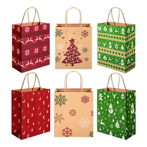 Christmas Gift Handle Kraft Wrapping Bulk Trees Snowflakes Reindeer Pattern Kraft Paper Bags