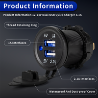 Chargeur USB double 12V-24V, prise allume-cigare, sortie 3.1A, port USB avec LED pour voiture, moto, camion, camping-car, bateau