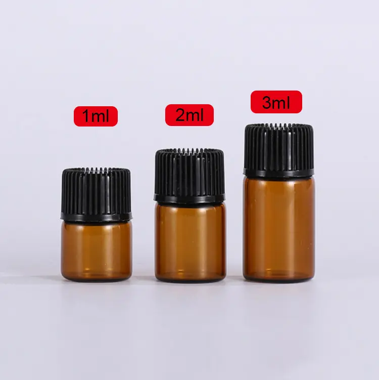 Venta caliente Mini 1mL 2ml 3ml ámbar tubo vacío Vial muestra Perfume botella de vidrio de aceite esencial