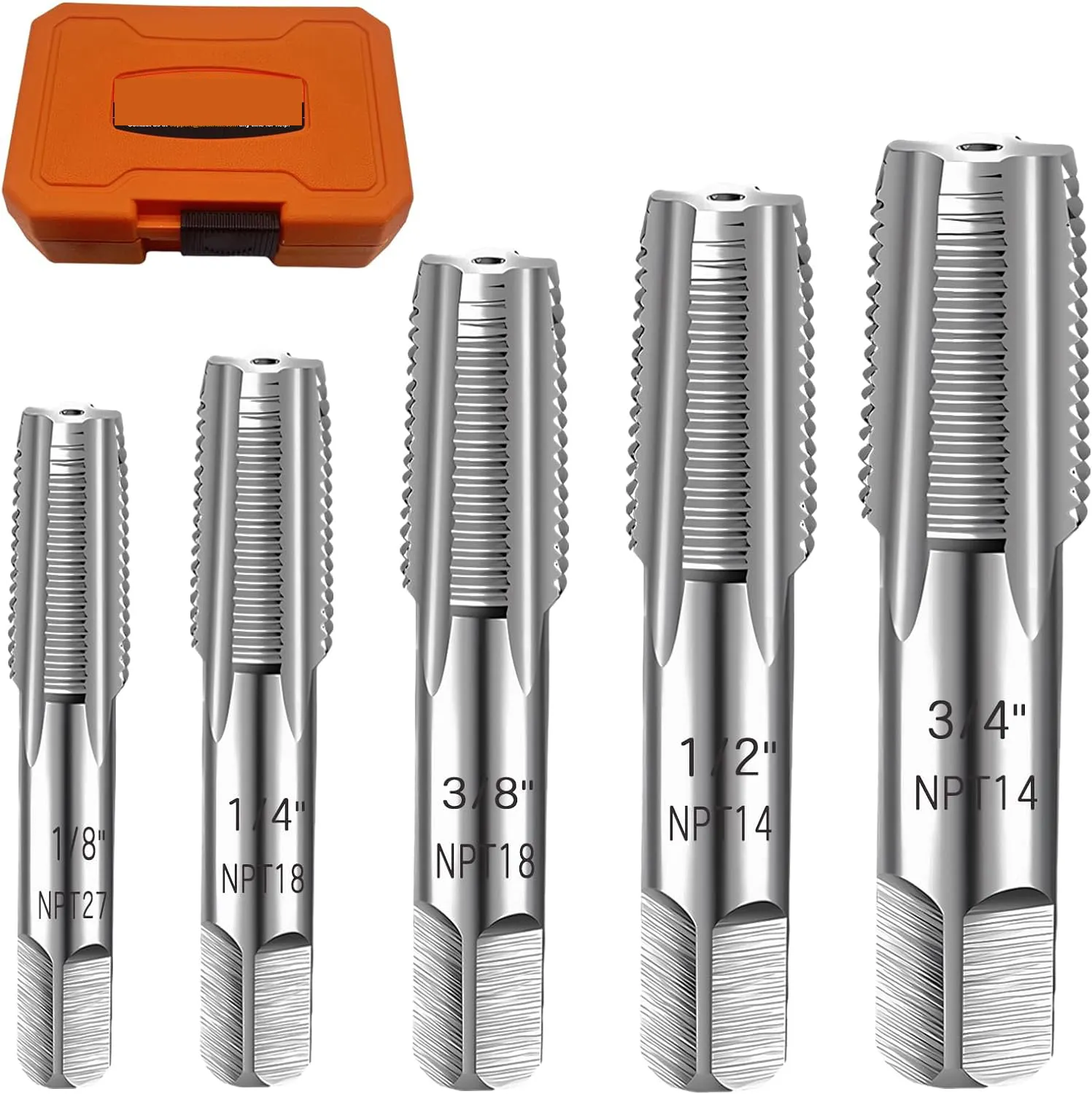 5-Piece NPT Pipe Tap Set, Precision Carbon Steel NPT Tap Set for Clean Accurate Threads, 3/4", 1/2", 3/8", 1/4", 1/8" NPT Tap