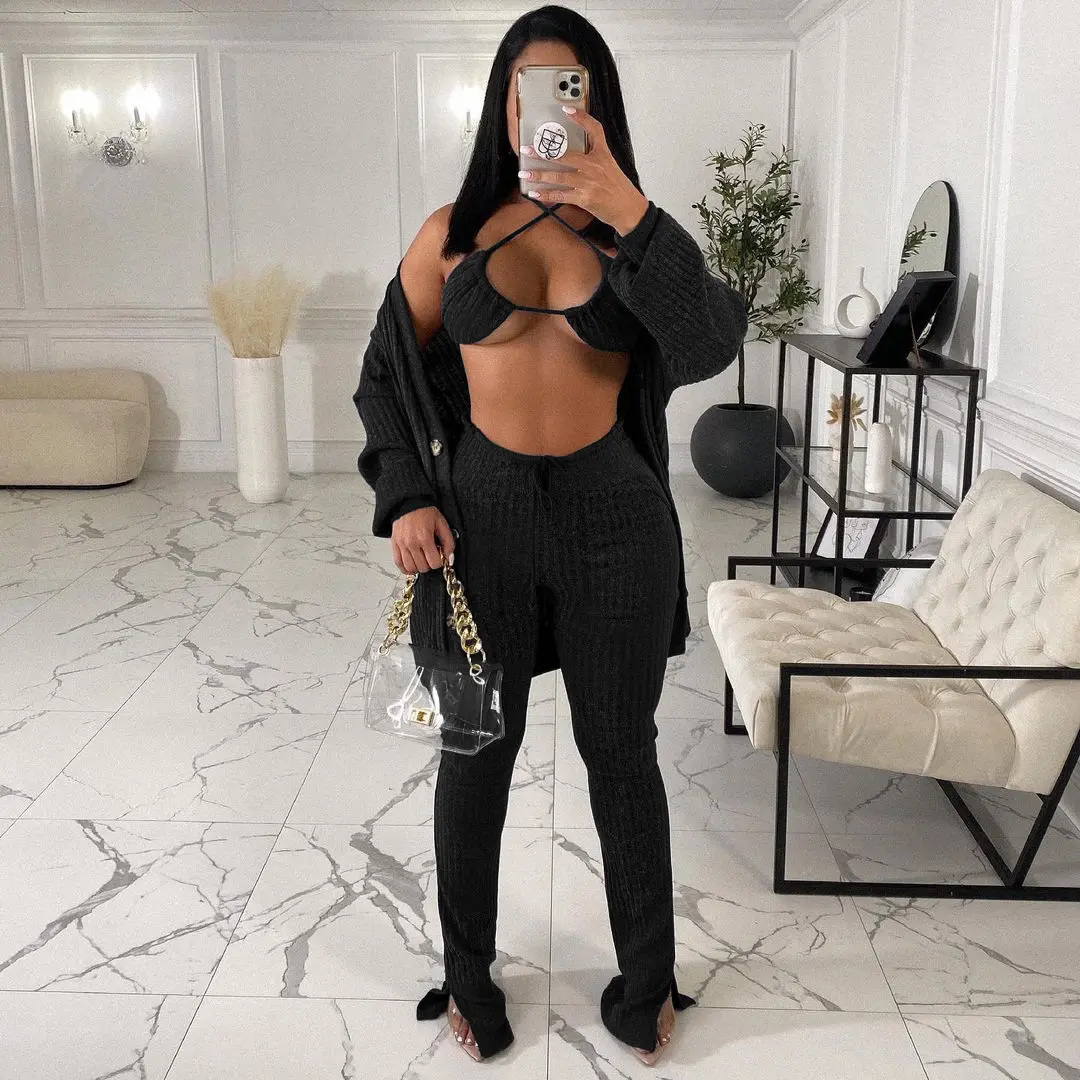 Women Coats Winter Three piece set women matching clothing sexy sweater casual Jackets pants set for woman