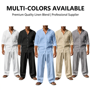 Completo da uomo in <span class=keywords><strong>lino</strong></span>: camicia e pantaloni, 95% <span class=keywords><strong>lino</strong></span> 5% poliestere, lavaggio effetto sabbia, anti-piega, a maniche lunghe, casual, per la spiaggia - Product Image 6
