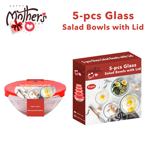 Cadeaux pour la fête des mères, ensemble de 5 saladiers en verre avec couvercles hermétiques, empilables, multi-tailles, design classique, verre + PP - Product Image 1