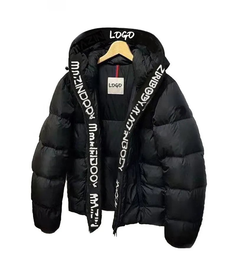 OEM Custom Design Winter Down Coat felpa con cappuccio Puffer giacca da uomo Streetwear stampa fettuccia ispessimento Bubble cappotti giacca da uomo