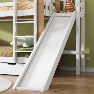 Lit superposé avec toboggan et échelle <span class=keywords><strong>d</strong></span>'<span class=keywords><strong>angle</strong></span> à trois étages et 2 tiroirs Lit de maison avec protection contre les chutes Cadre de lit en bois massif blanc - Product Image 6