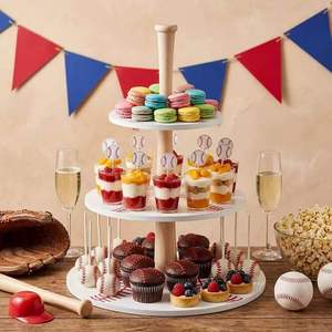 Wooden three-tier cake stand, solid wood baseball-shaped decorative cake tray, cupcake stand, <b>desktop</b> <b>shelf</b> - Product Image 1
