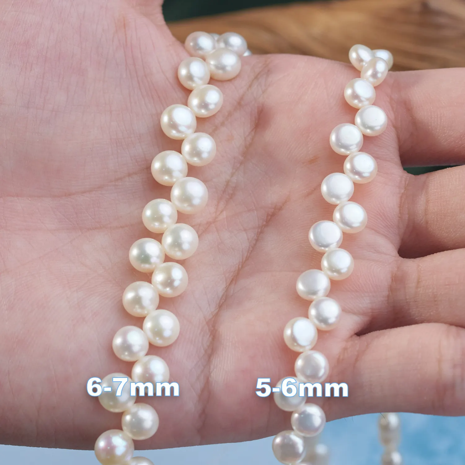 Perla d'acqua dolce bianca 5-7mm di perle piatte rotonde naturale con bottone genuino fili di perle rotondi