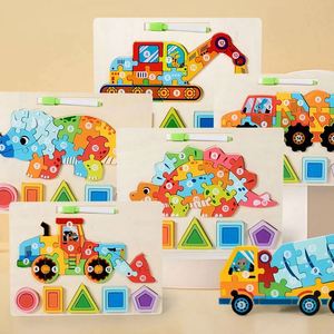 Jeu de dessin sur tableau blanc éducatif 3 en 1 pour garçons et filles, animaux, dinosaures, véhicules, puzzle en bois, jouet en bois pour enfants - Product Image 3
