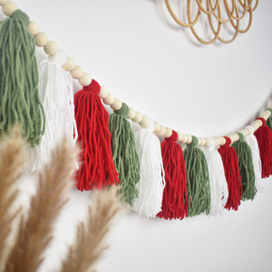 DAMAI <b>Boho</b> Christmas Tassel Garland <b>Wall</b> <b>Hanging</b> Banner with Wood Beads Sage Green and Red for Home Party Baby Shower Decoration - Product Image 2