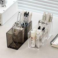 Boîte de rangement de bureau portable multifonction en plastique transparent à 3 compartiments pour pinceaux de maquillage, stylos et cosmétiques