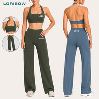 Set Pakaian Olahraga Yoga Wanita LORISOW, Atasan Halter Khusus, Celana Panjang Pinggang Tinggi Model Kaki Lebar, Set Latihan Pilates untuk Atletik