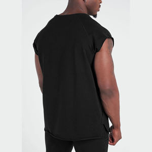 Vente en gros de t-shirt <span class=keywords><strong>sans</strong></span> manches noir 100% coton pour hommes coupe brute col rond débardeur Gym musculation débardeur - Product Image 2