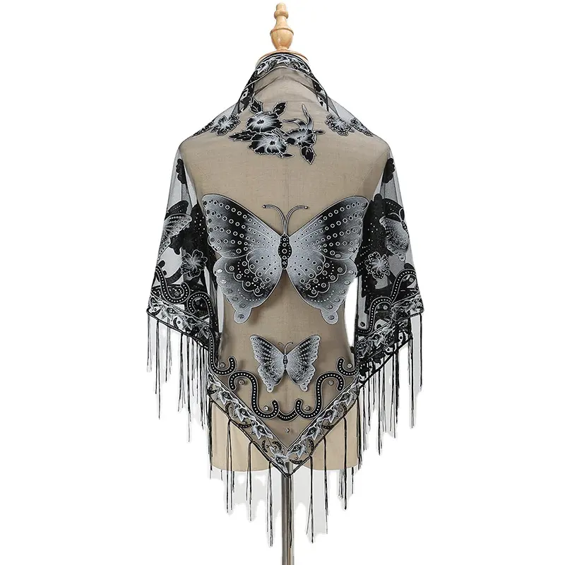 Lenço triangular estampado de borboleta de renda nova moda feminina com franjas ocas e xale decorativo lenço de seda