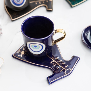 Turkish Ottoman Blue Eyes Pattern with <b>Gold</b> Handle Afternoon Tea Coffee Cup and Saucer - Product Image 4