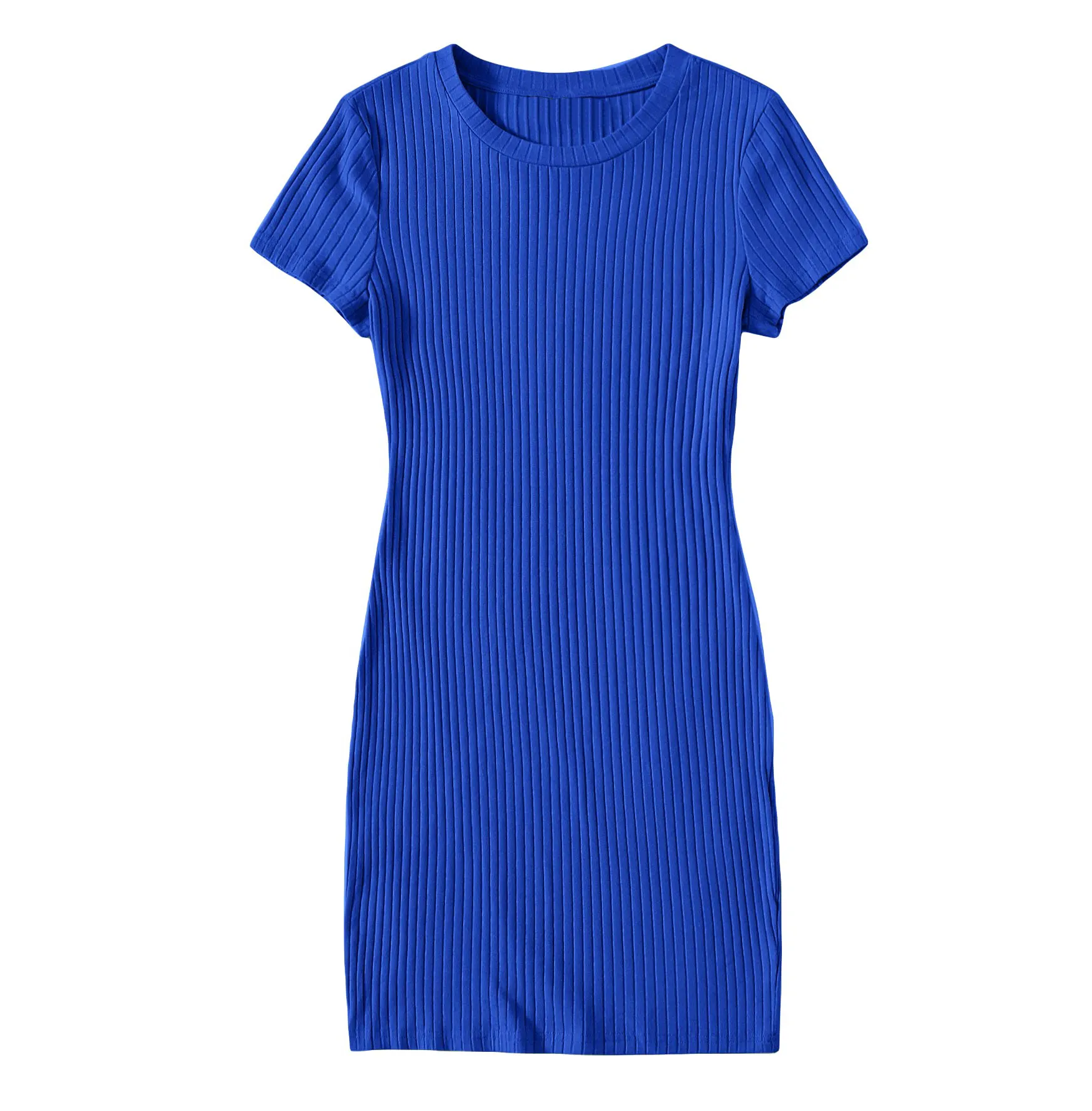 wholesale high quality cotton spandex Women's round Neck Short Sleeve Knit ribbed slim fit Dress