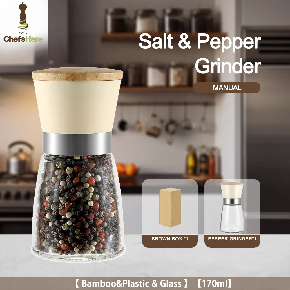 170ml Capacity Eco-Friendly Spcie Mills Salt and Pepper Grinder set with Glass Jars and Wood Lid Adjustable Manual Pepper Mills