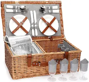 New Design Handmade Nature Rattan Rectangle Wicker Willow Customized Picnic Basket Hamper Set With Lid For 4 Person