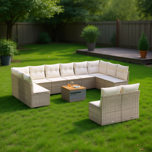 Beige Garden <b>Sofa</b> <b>Set</b> Outdoor Rattan Furniture Cushioned Contemporary Design UV Resistant PE Rattan High Density Foam - Product Image 2
