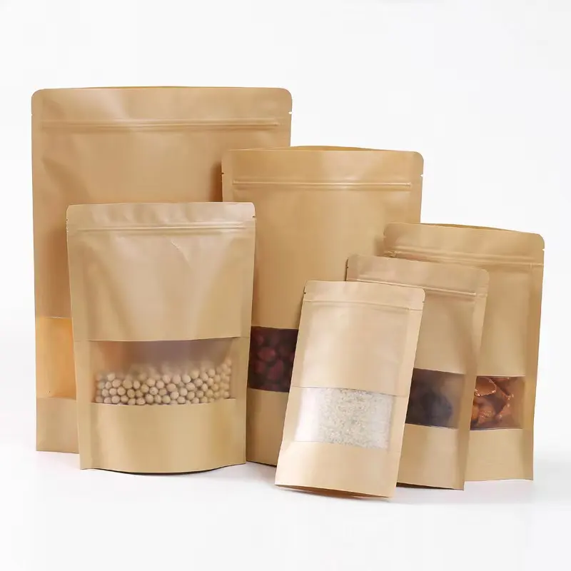 XINLIYUAN Brown White Kraft Craft Paper Standing Up Pouches Food Packaging Zipper Bags With Window Coffee Packaging Bags