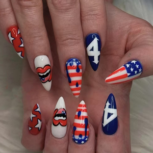 Uñas Postizas <span class=keywords><strong>con</strong></span> Diseño de Bandera, Almendradas y Largas, Estilo Punk <span class=keywords><strong>con</strong></span> Labios, Estrellas y Rayas, <span class=keywords><strong>Manicura</strong></span> Deportiva y Urbana para Mujer - Product Image 1