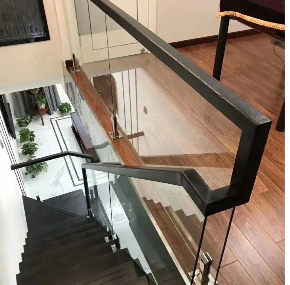 Square glass clamped wood railing glass stair baluster