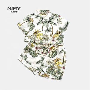 2pcs 100% 코 튼 꽃 인쇄 하와이 비치 소년 의류 세트 뜨거운 스타일 키즈 의상 여름 짧은 소매 셔츠 + 반바지 - Product Image 6