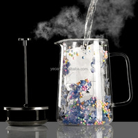 French Press Kaca Dinding Ganda dengan Lapisan Bunga Kering - Pembuat Kopi Tuang Manual, Pembuat Busa Krim