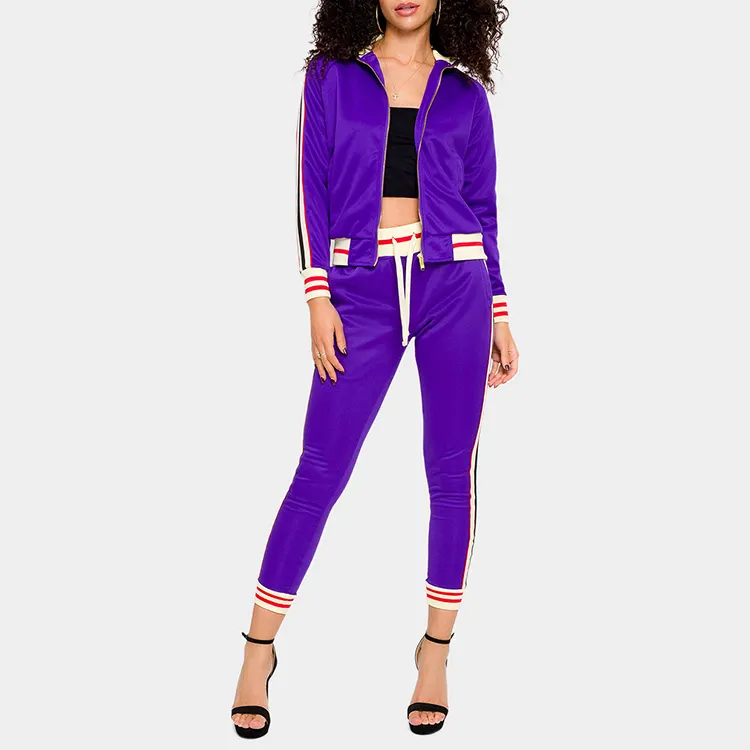 Newest Design Woman Two Pieces Stripe Casual Top with Long Pants Jogger Running Track Suit Set