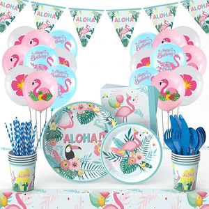 Ensemble de fournitures de fête d'<span class=keywords><strong>anniversaire</strong></span> <span class=keywords><strong>flamant</strong></span> <span class=keywords><strong>rose</strong></span> comprenant des assiettes en papier de 7/9 pouces et des articles décoratifs pour un événement de célébration d'été tropical - Product Image 4