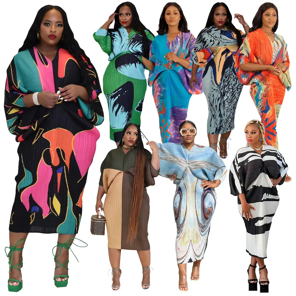 2022 New African Multicolor Print Women Long Dress Autumn Batwing Sleeve V-Neck Loose Casual Dresses