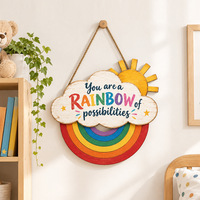 Décoration murale en bois circulaire arc-en-ciel de style bohème, suspension murale inspirante en bois avec inscription anglaise, produits suspendus en bois rétro