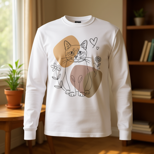T-shirt a maniche lunghe minimalista con gatto birmano in stile line art, abbigliamento casual unisex per adulti - Product Image 3