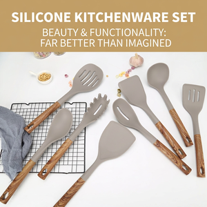 Ensemble d'ustensiles de cuisine en silicone avec manche imitation bois, résistant à la chaleur, pour la maison, avec support de rangement rotatif - Product Image 2
