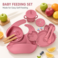 Ensemble de 9 pièces pour l'alimentation des bébés, en bois et silicone de qualité alimentaire sans BPA, 0-12 mois, comprenant assiette à ventouse en forme de crabe, bol, bavoir, tasse à bec, cuillère et fourchette