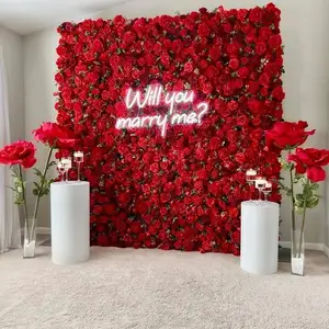 Cortina de seda rosa 3D personalizada de 8ft x 8ft, decorativa de parede com flores e adereços para decoração de casamento