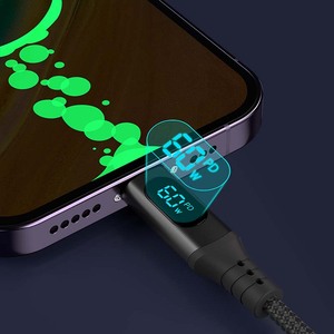 Cabo de Carregamento Rápido <span class=keywords><strong>2</strong></span> em 1 USB Tipo A para Tipo C 3A PD com Display de Tela Inteligente LED Luminosa Trançado em Nylon 480 Mbps - Product Image 1