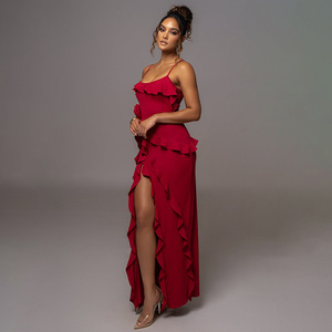 Robe de soirée longue, dos nu, fente, sans manches, couleur unie, volants sur le devant, taille haute, taille naturelle, respirante, origine Yiwu - Product Image 2