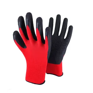 Factory Hot Sale 13G Red Polyester Black Latex Finish Cheap Latex Coated Crinkle Latex Working Gloves For Construction