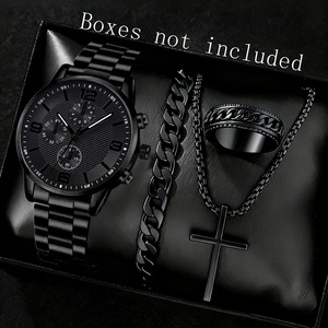 Lp170 Set di 4 Orologi da Uomo, <span class=keywords><strong>Orologio</strong></span> al Quarzo Classico con Tre Quadranti, Bracciale, <span class=keywords><strong>Collana</strong></span> e Anello, Regalo Perfetto per Uomini - Product Image 4
