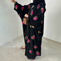 Abaya ouverte sur mesure en gros, abaya noire avec broderie florale rose