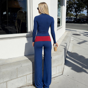 Women's Blue Two Piece <b>Set</b> Long Sleeve Zip up Hoodie with Red Waistband Casual Pants Gym Activewear Workout Outfit Quick Dry - Product Image 6