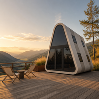 Cabane préfabriquée triangulaire à façade panoramique en verre, maison modulaire avec mur-rideau en verre pour complexe hôtelier et camping