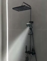 Ensemble de douche pluie gris anthracite en laiton, design touches de piano, robinets thermostatiques, mitigeur à cartouche céramique, douchette à jet doux, barre coulissante, pour usage hôtelier