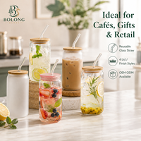 Gobelet en verre borosilicate 500 ml (16,9 oz) avec couvercle en bambou et paille réutilisable, personnalisable avec logo, pour café glacé, esthétique Bolong, vente en gros