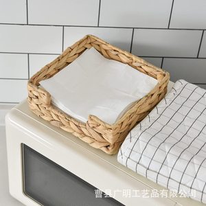 <b>Straw</b> Woven Storage <b>Basket</b> Square Handmade Tissue Box Desktop Organizer Linen Color - Product Image 1