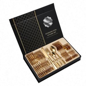 Modern Cutlery Silverware 410 Stainless Steel Dinner Knife Fork Spoon Hotels Gold-Plated Flatware Set With Gift <b>Box</b> for Wedding - Product Image 1