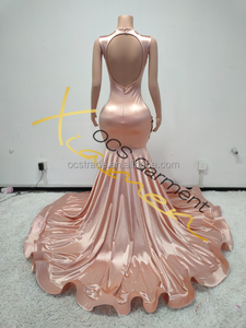 Vestido de Fiesta Largo MF con Pedrería Brillante, Diseño Elegante sin Espalda, Color Sólido Asimétrico, Estampado de Satén Cristal, Lavable - Product Image 5